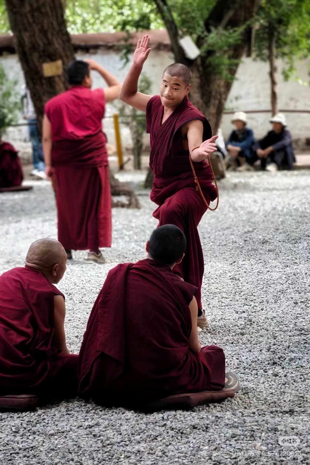 Vibrant scene of Tibetan monks debating playfully in a monastery courtyard, with others watching. - ChinaTripTop.