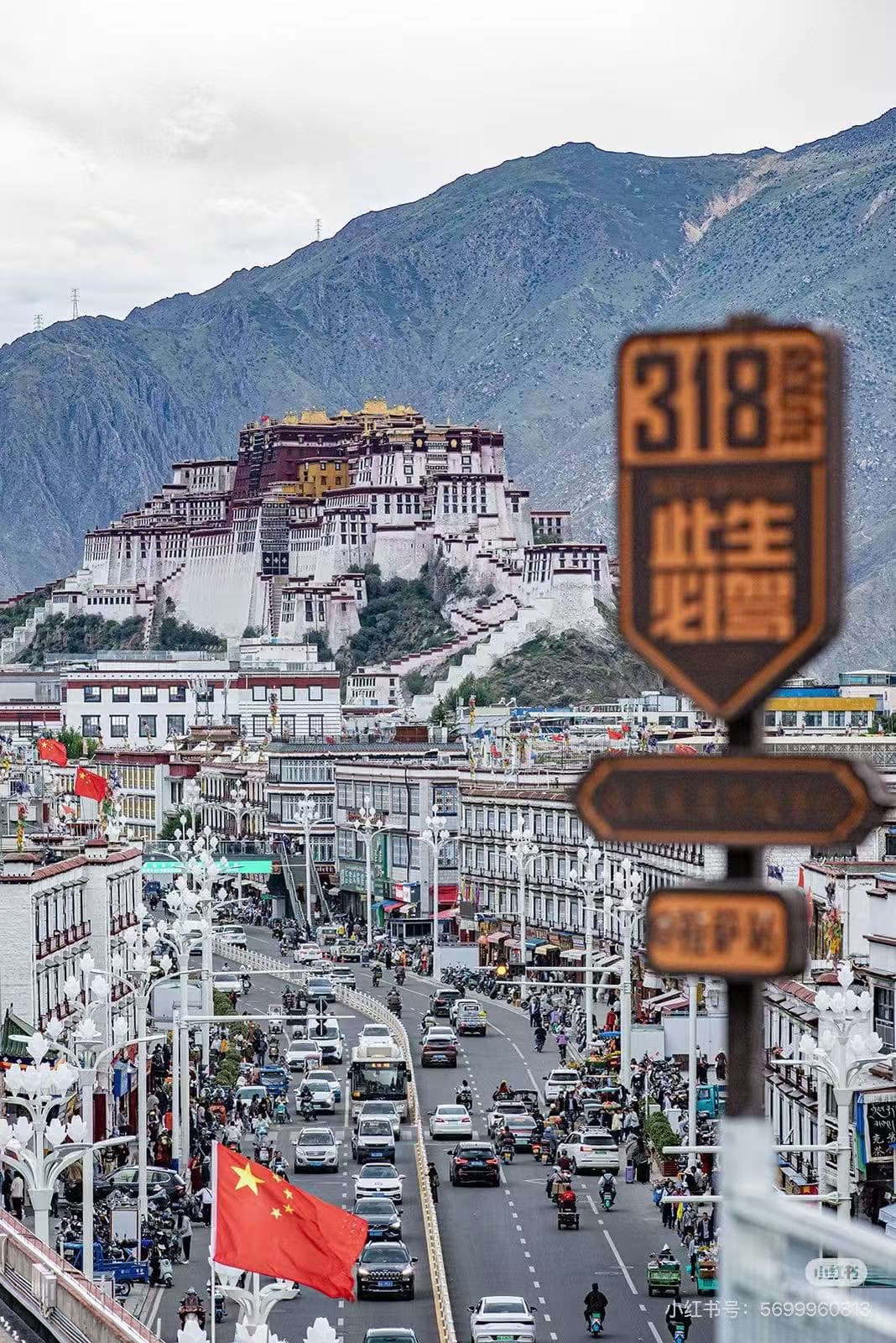 Potala Palace dominates a vibrant Lhasa street scene with traffic, pedestrians, and a 318 road sign - ChinaTripTop.
